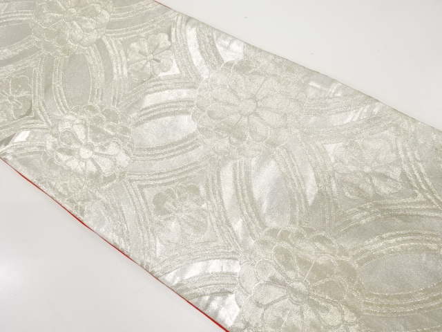 JAPANESE KIMONO / ANTIQUE MARU OBI / WOVEN KIKU & FLORAL SHIPPO PATTERN